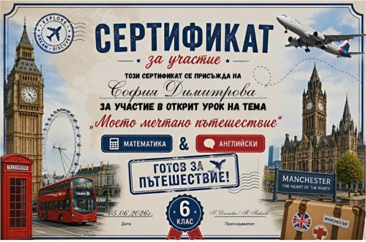 „Моето мечтано пътешествие“ – открит урок по математика и английски език.