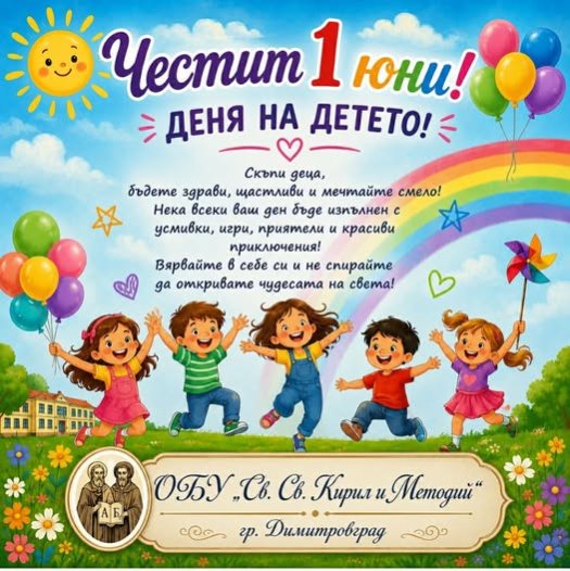 Поздрав от екипа на ОбУ „Св. св. Кирил и Методий“ по случай 1 юни